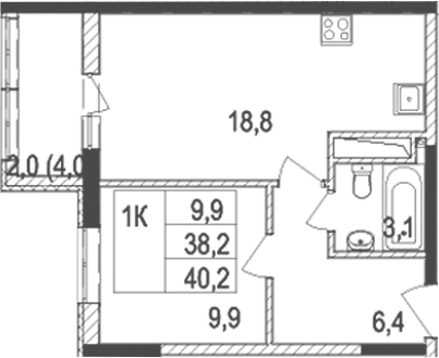 Планировка — Жигулина Роща, 2-комн., 38 м²