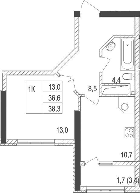 Планировка — Жигулина Роща, 1-комн., 37 м²