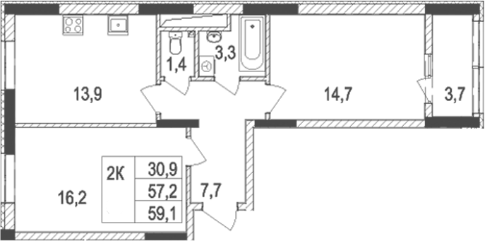 Планировка — Жигулина Роща, 2-комн., 57 м²
