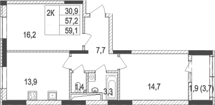 Планировка — Жигулина Роща, 2-комн., 57 м²