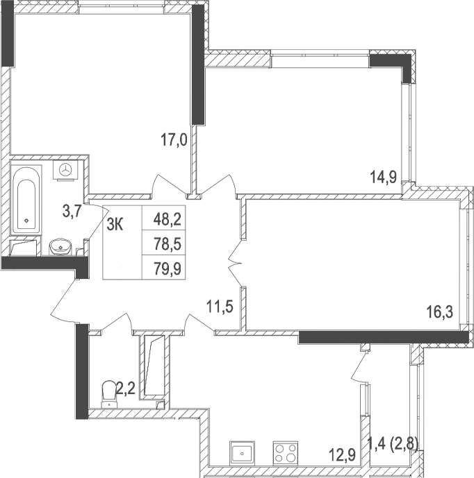Планировка — Жигулина Роща, 3-комн., 79 м²