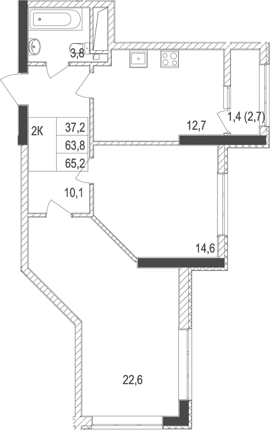 Планировка — Жигулина Роща, 2-комн., 64 м²