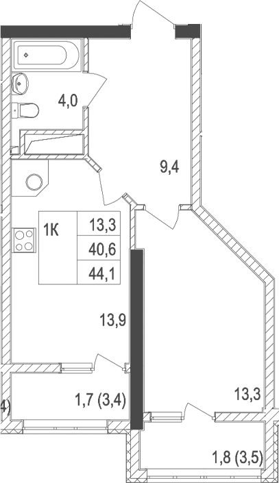 Планировка — Жигулина Роща, 1-комн., 41 м²