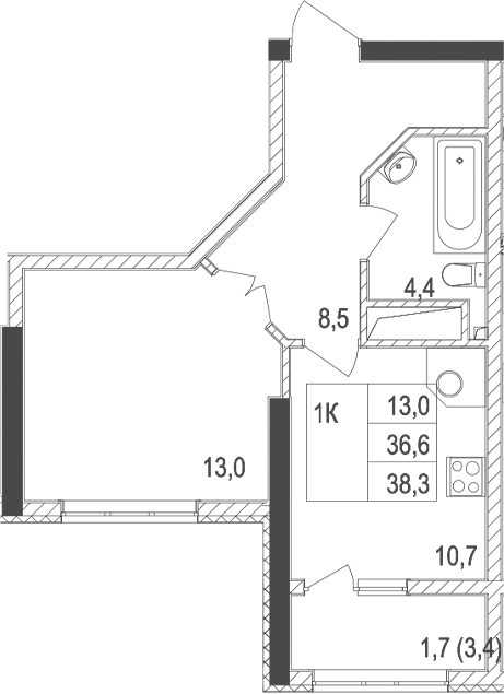 Планировка — Жигулина Роща, 1-комн., 37 м²