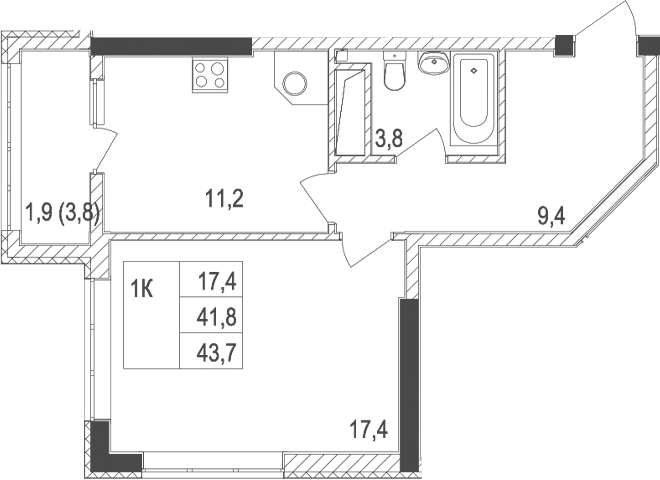 Планировка — Жигулина Роща, 1-комн., 42 м²