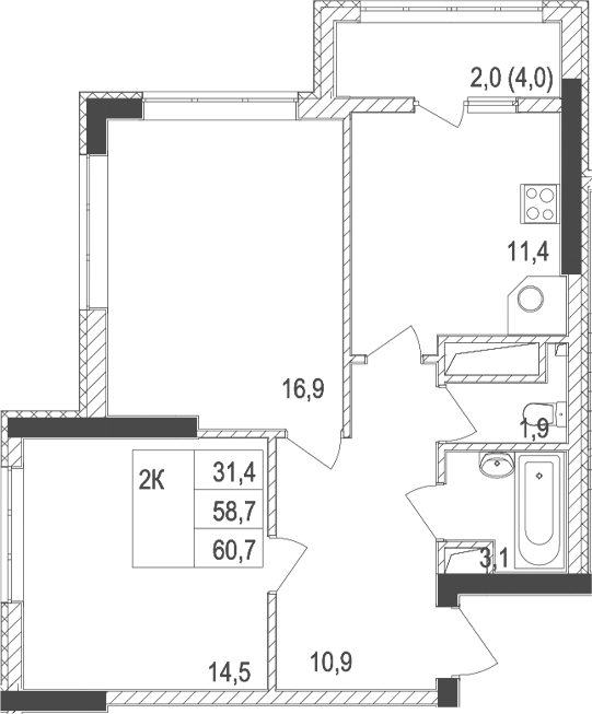 Планировка — Жигулина Роща, 2-комн., 59 м²