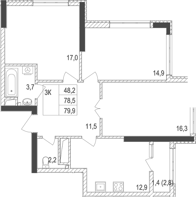 Планировка — Жигулина Роща, 3-комн., 79 м²