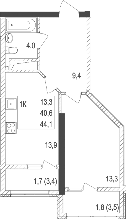 Планировка — Жигулина Роща, 1-комн., 41 м²
