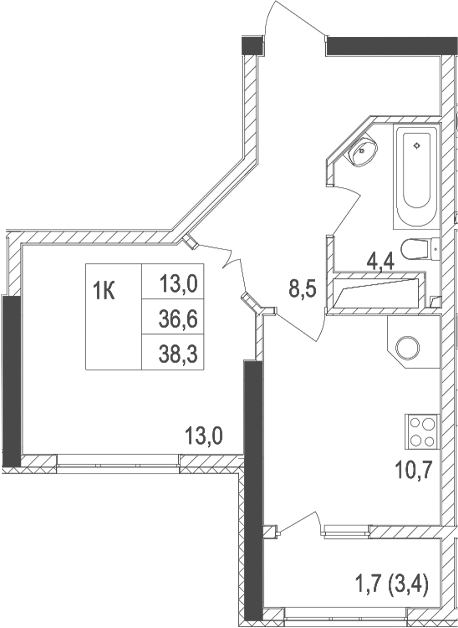 Планировка — Жигулина Роща, 1-комн., 37 м²