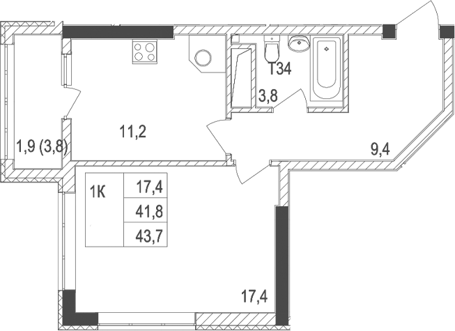 Планировка — Жигулина Роща, 1-комн., 42 м²