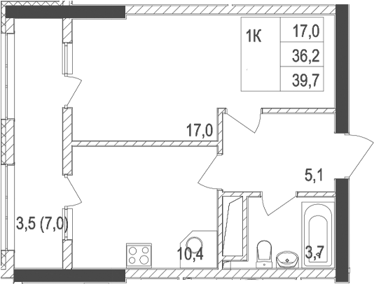 Планировка — Жигулина Роща, 1-комн., 36 м²