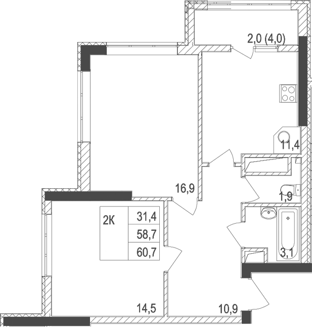 Планировка — Жигулина Роща, 2-комн., 59 м²