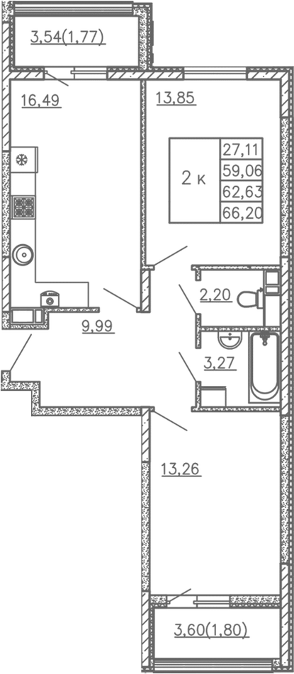 Планировка — Жигулина Роща, 3-комн., 59 м²