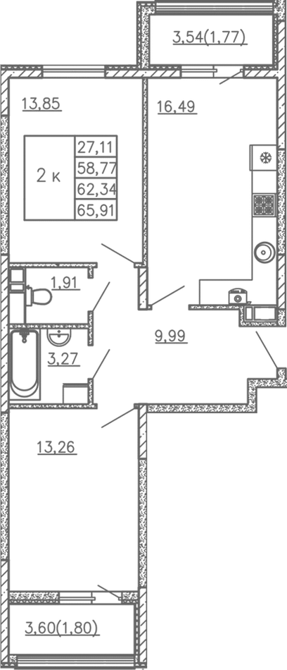 Планировка — Жигулина Роща, 3-комн., 59 м²