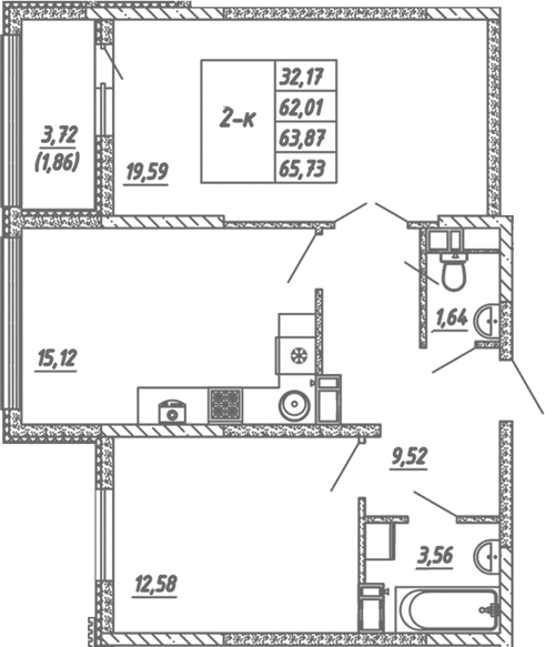 Планировка — Жигулина Роща, 3-комн., 62 м²
