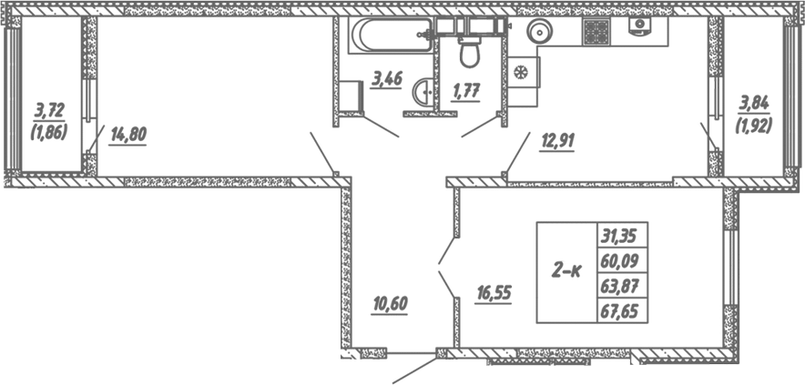 Планировка — Жигулина Роща, 2-комн., 60 м²