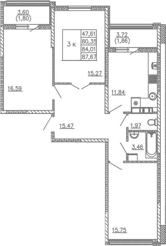 Планировка — Жигулина Роща, 3-комн., 80 м²