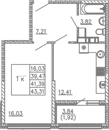 Планировка — Жигулина Роща, 1-комн., 39 м²