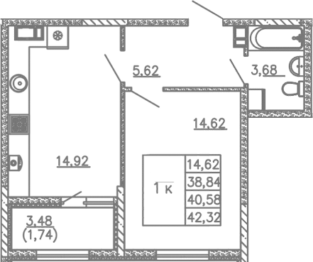 Планировка — Жигулина Роща, 1-комн., 39 м²