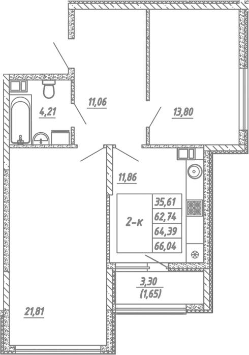 Планировка — Жигулина Роща, 2-комн., 63 м²
