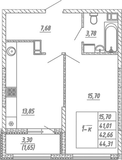 Планировка — Жигулина Роща, 1-комн., 41 м²