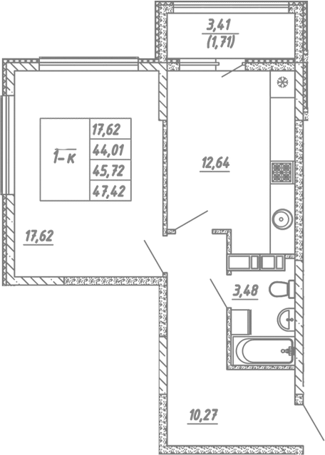 Планировка — Жигулина Роща, 1-комн., 44 м²