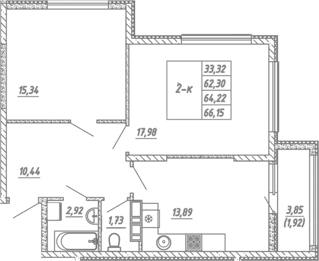 Планировка — Жигулина Роща, 2-комн., 62 м²
