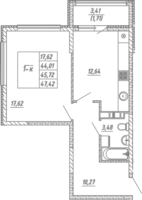 Планировка — Жигулина Роща, 1-комн., 44 м²