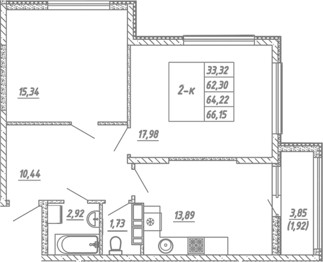 Планировка — Жигулина Роща, 2-комн., 62 м²