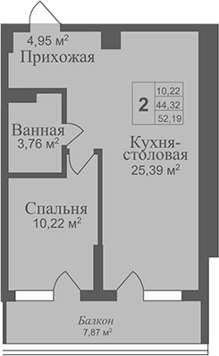 Планировка — Аллея Дружбы, 1-комн., 44 м²