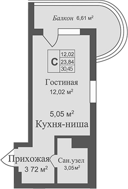 Планировка — Аллея Дружбы, Студия, 24 м²