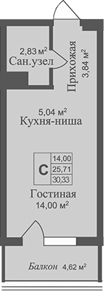 Планировка — Аллея Дружбы, Студия, 26 м²