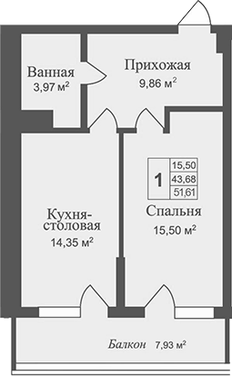 Планировка — Аллея Дружбы, 1-комн., 44 м²