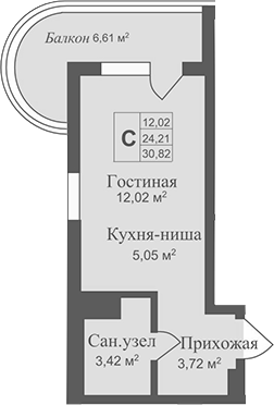 Планировка — Аллея Дружбы, Студия, 24 м²