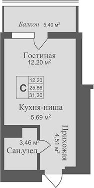 Планировка — Аллея Дружбы, Студия, 26 м²
