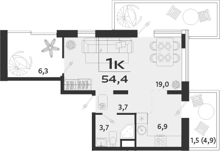 Планировка — ROYALTA, 1-комн., 44 м²