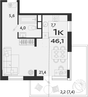 Планировка — ROYALTA, 1-комн., 46 м²