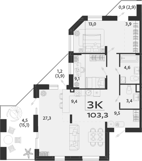 Планировка — ROYALTA, 3-комн., 95 м²