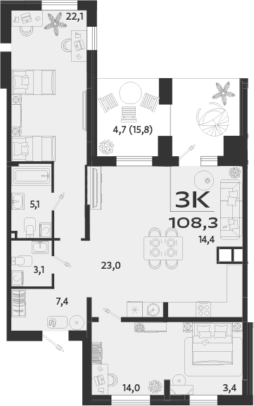 Планировка — ROYALTA, 3-комн., 104 м²