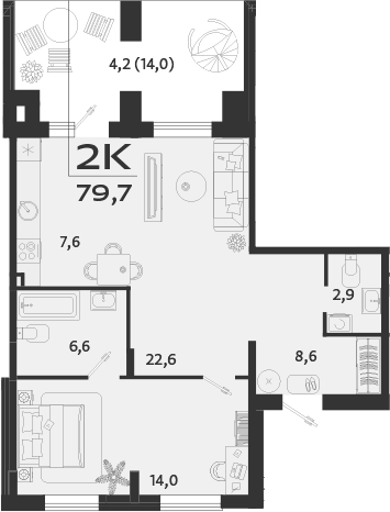Планировка — ROYALTA, 2-комн., 77 м²