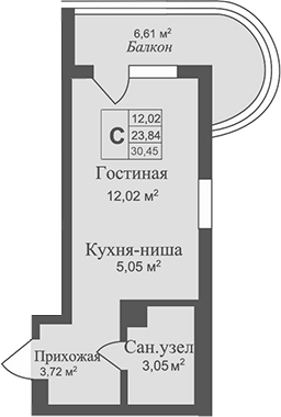 Планировка — Аллея Дружбы, Студия, 24 м²