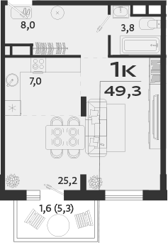 Планировка — ROYALTA, 1-комн., 48 м²