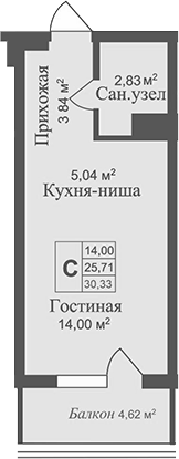 Планировка — Аллея Дружбы, Студия, 26 м²
