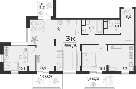 Планировка — ROYALTA, 3-комн., 91 м²