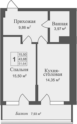 Планировка — Аллея Дружбы, 1-комн., 44 м²