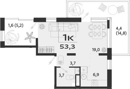 Планировка — ROYALTA, 1-комн., 47 м²