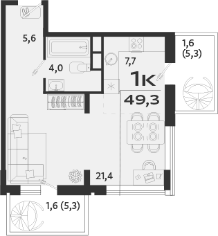 Планировка — ROYALTA, 1-комн., 46 м²