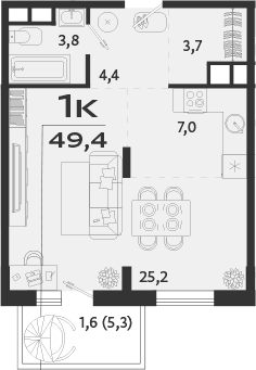 Планировка — ROYALTA, 1-комн., 48 м²