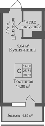 Планировка — Аллея Дружбы, Студия, 26 м²