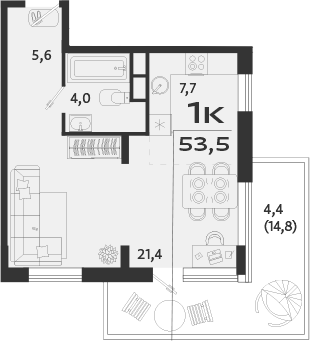 Планировка — ROYALTA, 1-комн., 49 м²